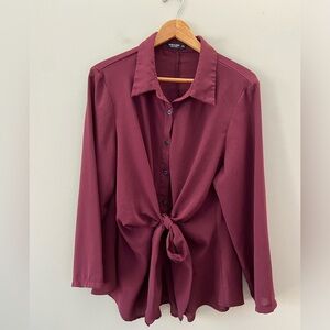 Women’s Curve Burgundy Tie Front Casual Button Down Relaxed Fit Blouse